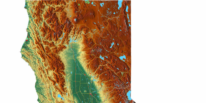 California State US Map Vector Exact High Detailed Roads Map + Relief Topo (raster) editable Adobe Illustrator in layers
