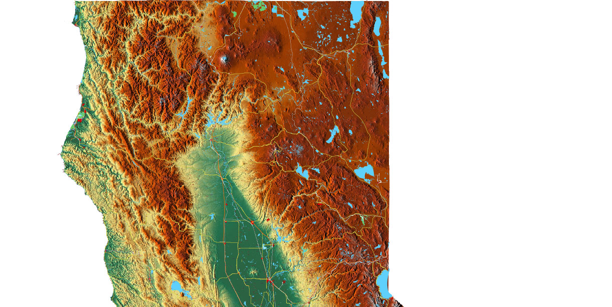 California State US Map Vector Exact High Detailed Roads Map + Relief Topo (raster) editable Adobe Illustrator in layers