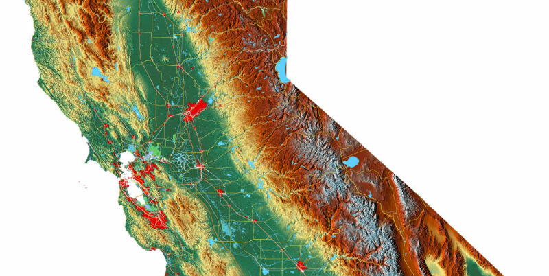 California State US Map Vector Exact High Detailed Roads Map + Relief Topo (raster) editable Adobe Illustrator in layers