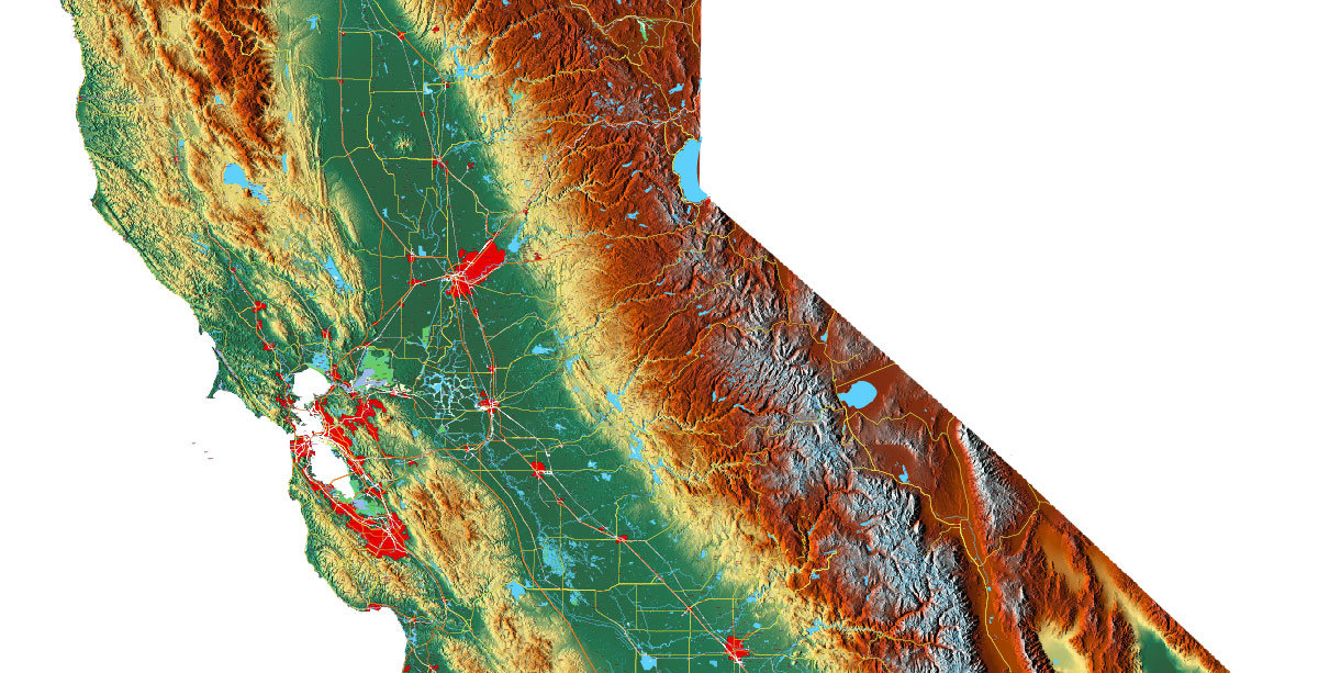 California State US Map Vector Exact High Detailed Roads Map + Relief Topo (raster) editable Adobe Illustrator in layers