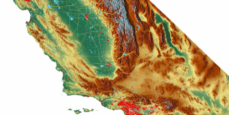 California State US Map Vector Exact High Detailed Roads Map + Relief Topo (raster) editable Adobe Illustrator in layers