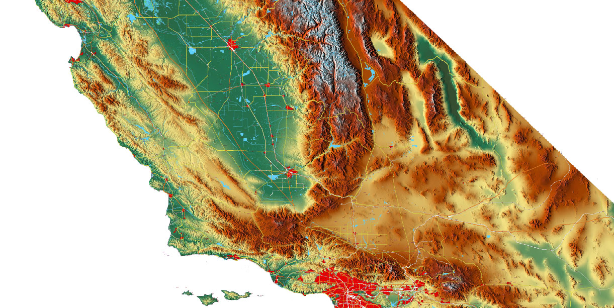 California State US Map Vector Exact High Detailed Roads Map + Relief Topo (raster) editable Adobe Illustrator in layers
