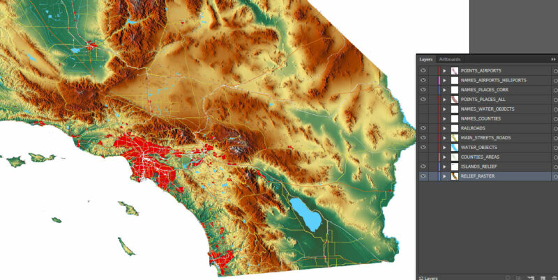 California State US Map Vector Exact High Detailed Roads Map + Relief Topo (raster) editable Adobe Illustrator in layers