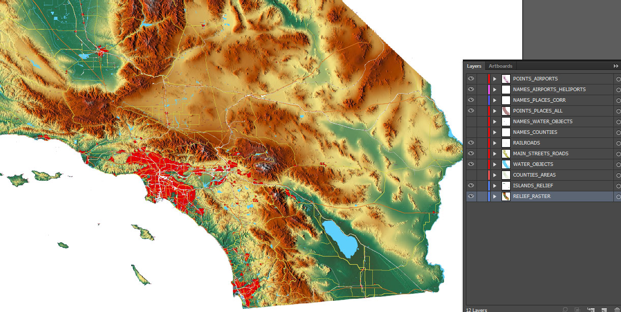 California State US Map Vector Exact High Detailed Roads Map + Relief Topo (raster) editable Adobe Illustrator in layers