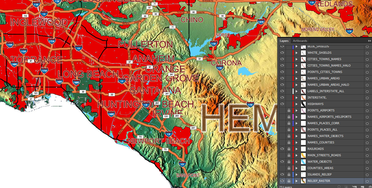California State US Map Vector Exact High Detailed Roads Map + Relief Topo (raster) editable Adobe Illustrator in layers