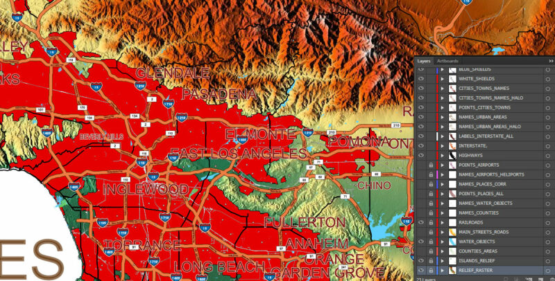 California State US Map Vector Exact High Detailed Roads Map + Relief Topo (raster) editable Adobe Illustrator in layers