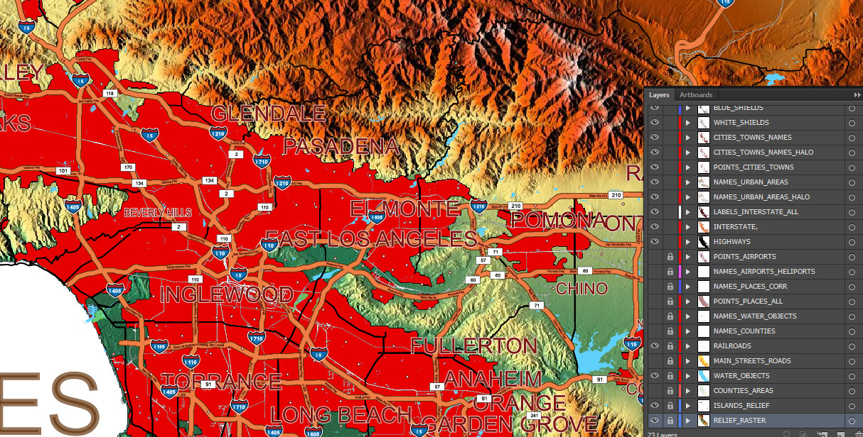 California State US Map Vector Exact High Detailed Roads Map + Relief Topo (raster) editable Adobe Illustrator in layers
