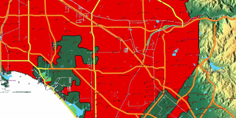 California State US Map Vector Exact High Detailed Roads Map + Relief Topo (raster) editable Adobe Illustrator in layers