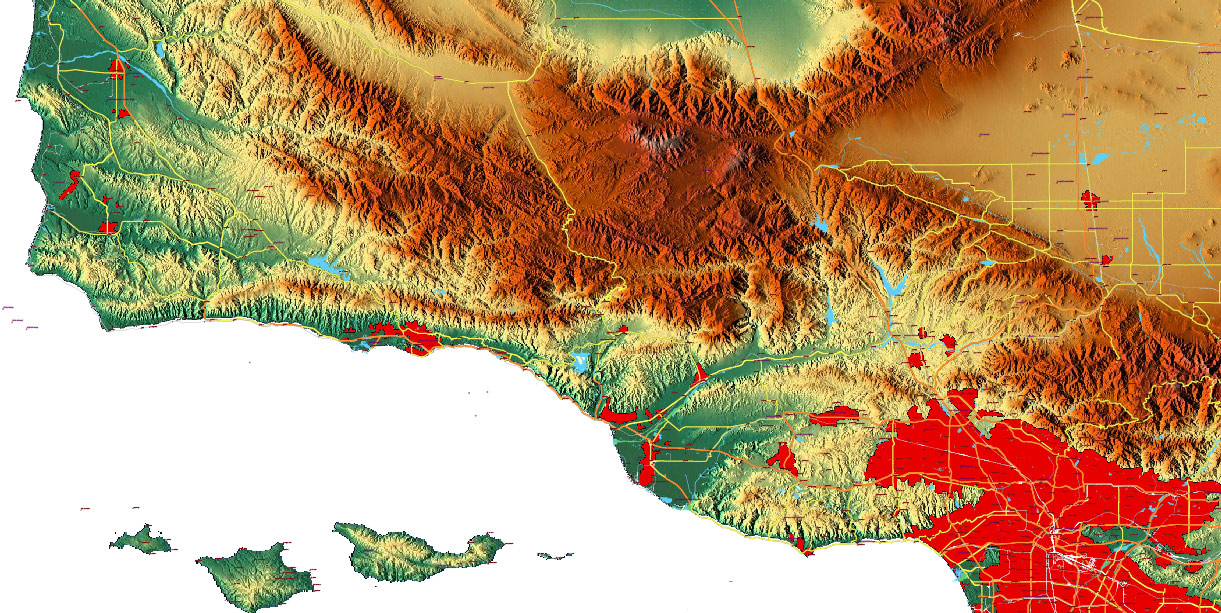 California State US Map Vector Exact High Detailed Roads Map + Relief Topo (raster) editable Adobe Illustrator in layers