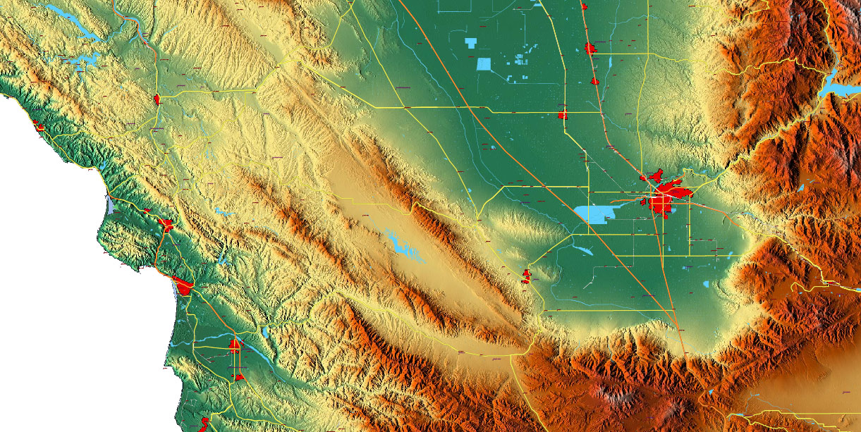 California State US Map Vector Exact High Detailed Roads Map + Relief Topo (raster) editable Adobe Illustrator in layers