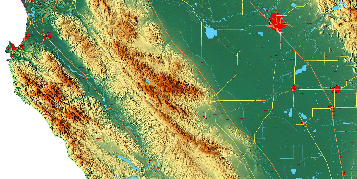 California State US Map Vector Exact High Detailed Roads Map + Relief Topo (raster) editable Adobe Illustrator in layers