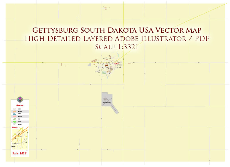 Gettysburg South Dakota USA Map Vector Exact Plan High Detailed Street Map editable Adobe Illustrator in layers
