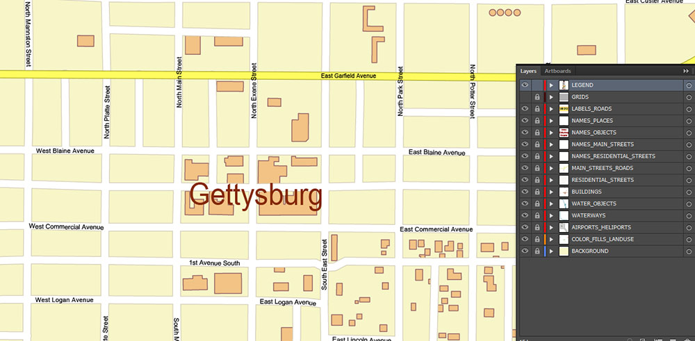 Gettysburg South Dakota USA Map Vector Exact Plan High Detailed Street Map editable Adobe Illustrator in layers