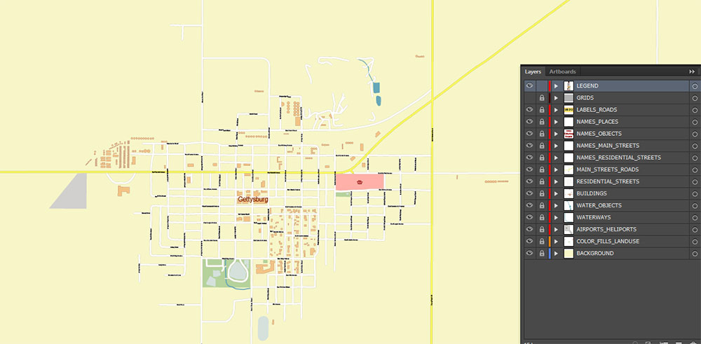 Gettysburg South Dakota USA Map Vector Exact Plan High Detailed Street Map editable Adobe Illustrator in layers