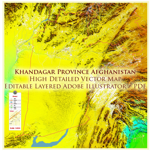 Kandahar Province Afghanistan Vector Map Exact High Detailed editable Adobe Illustrator Street Map + Relief Topo Raster in layers