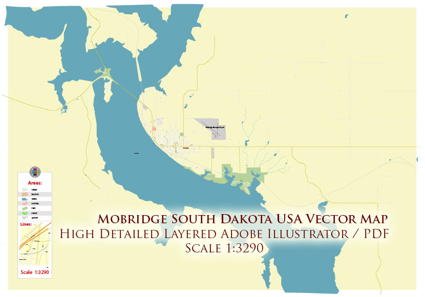 Mobridge South Dakota USA Map Vector Exact Plan High Detailed Street Map editable Adobe Illustrator in layers
