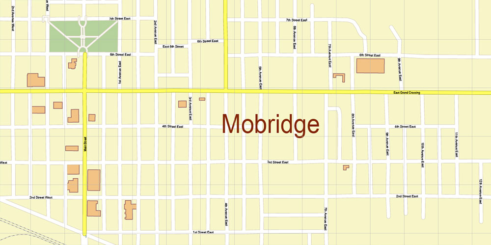 Mobridge South Dakota USA Map Vector Exact Plan High Detailed Street Map editable Adobe Illustrator in layers
