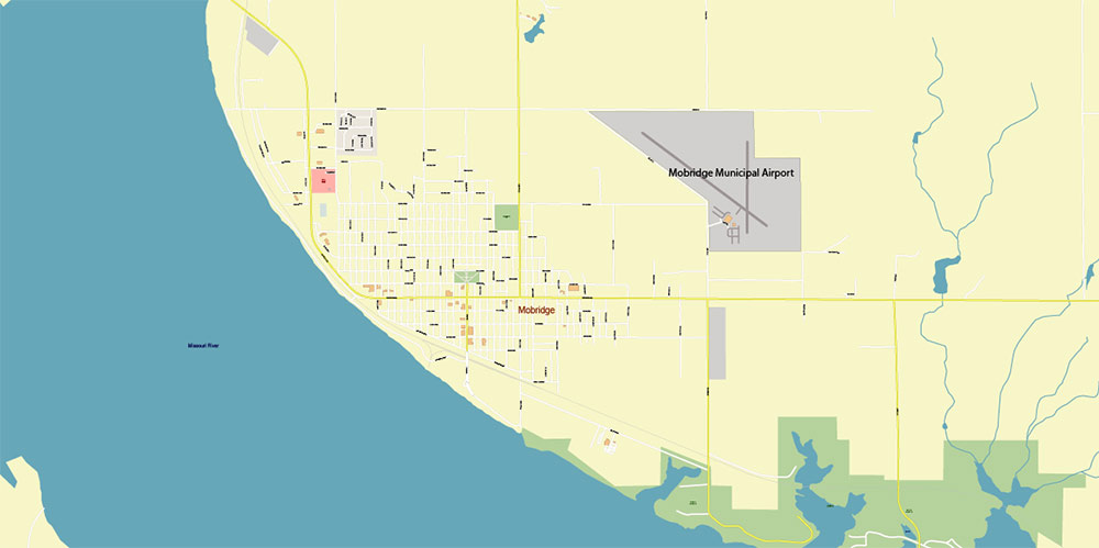 Mobridge South Dakota USA Map Vector Exact Plan High Detailed Street Map editable Adobe Illustrator in layers