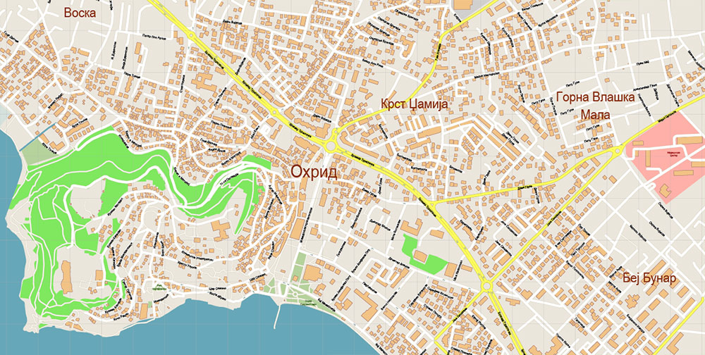 Ohrid North Macedonia Vector Map high detailed All Roads Streets map editable Layered Adobe Illustrator