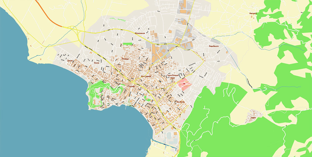 Ohrid North Macedonia Vector Map high detailed All Roads Streets map editable Layered Adobe Illustrator