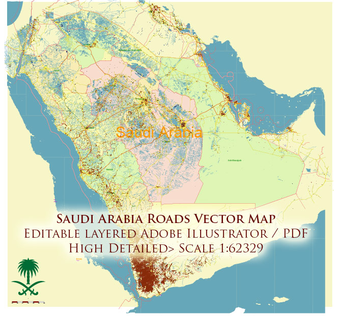 Saudi Arabia HD Vector Map high detailed roads and admin, editable layered in Adobe Illustrator