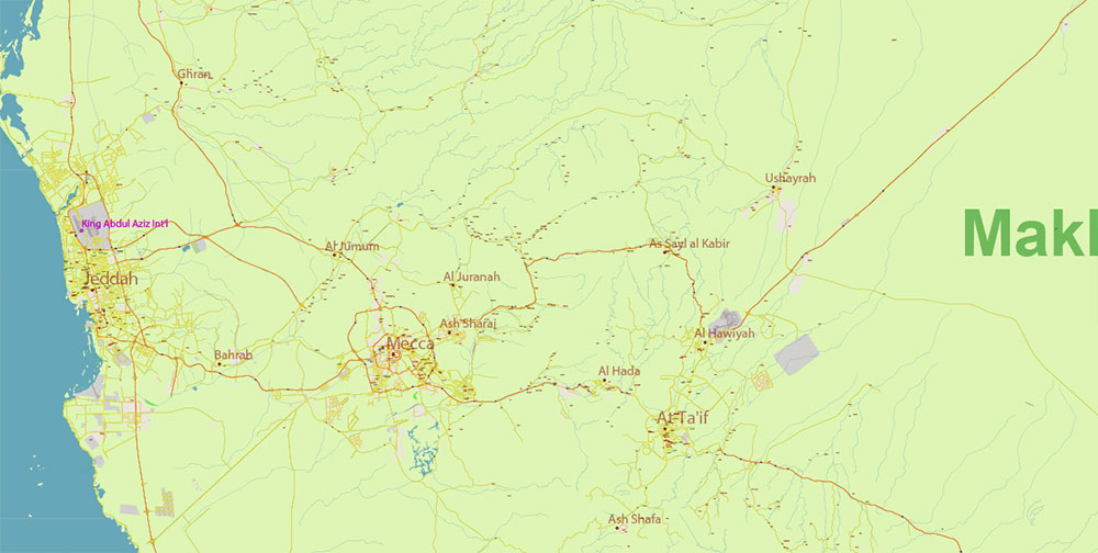 Saudi Arabia HD Vector Map high detailed roads and admin, editable layered in Adobe Illustrator
