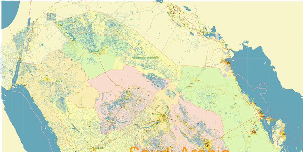 Saudi Arabia HD Vector Map high detailed roads and admin, editable layered in Adobe Illustrator