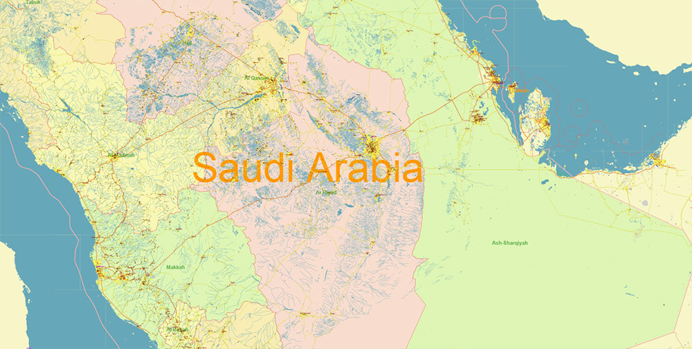 Saudi Arabia HD Vector Map high detailed roads and admin, editable layered in Adobe Illustrator