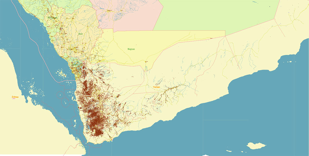 Saudi Arabia HD Vector Map high detailed roads and admin, editable layered in Adobe Illustrator