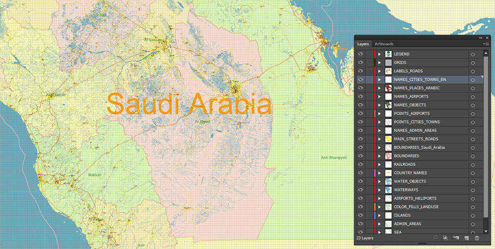 Saudi Arabia HD Vector Map high detailed roads and admin, editable layered in Adobe Illustrator