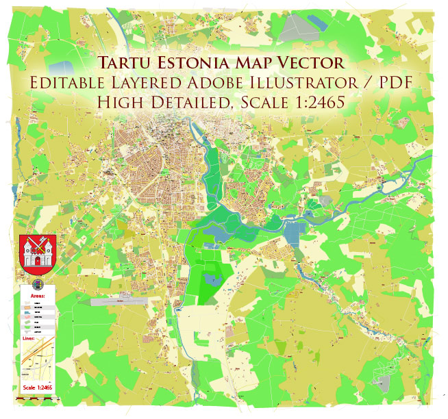 Tartu Estonia Vector Map high detailed All Roads Streets map editable Layered Adobe Illustrator