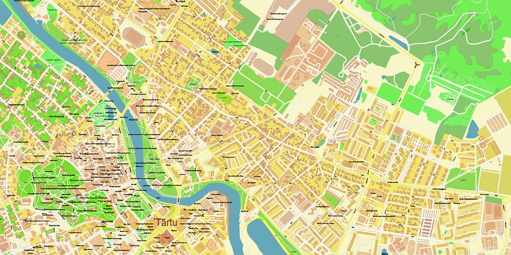 Tartu Estonia Vector Map high detailed All Roads Streets map editable Layered Adobe Illustrator