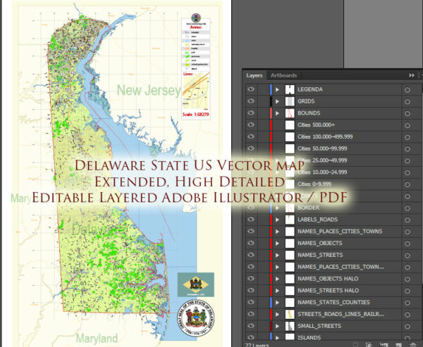 Delaware State US Map Vector Extended Exact detailed Road Admin Map editable Adobe Illustrator in layers