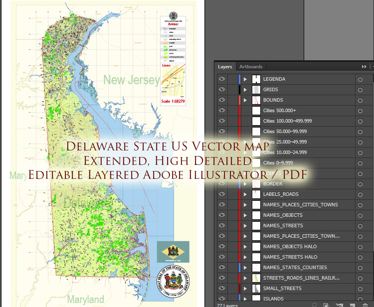 Delaware State US Map Vector Extended Exact detailed Road Admin Map editable Adobe Illustrator in layers