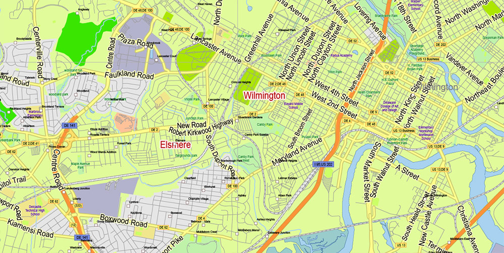 Delaware State US Map Vector Extended Exact detailed Road Admin Map editable Adobe Illustrator in layers