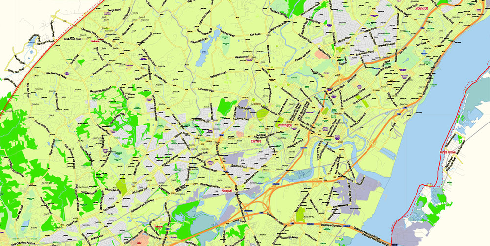 Delaware State US Map Vector Extended Exact detailed Road Admin Map editable Adobe Illustrator in layers