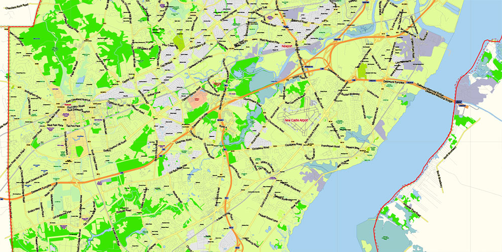 Delaware State US Map Vector Extended Exact detailed Road Admin Map editable Adobe Illustrator in layers