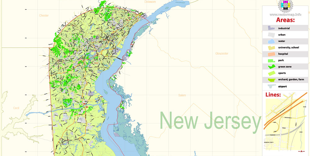 Delaware State US Map Vector Extended Exact detailed Road Admin Map editable Adobe Illustrator in layers