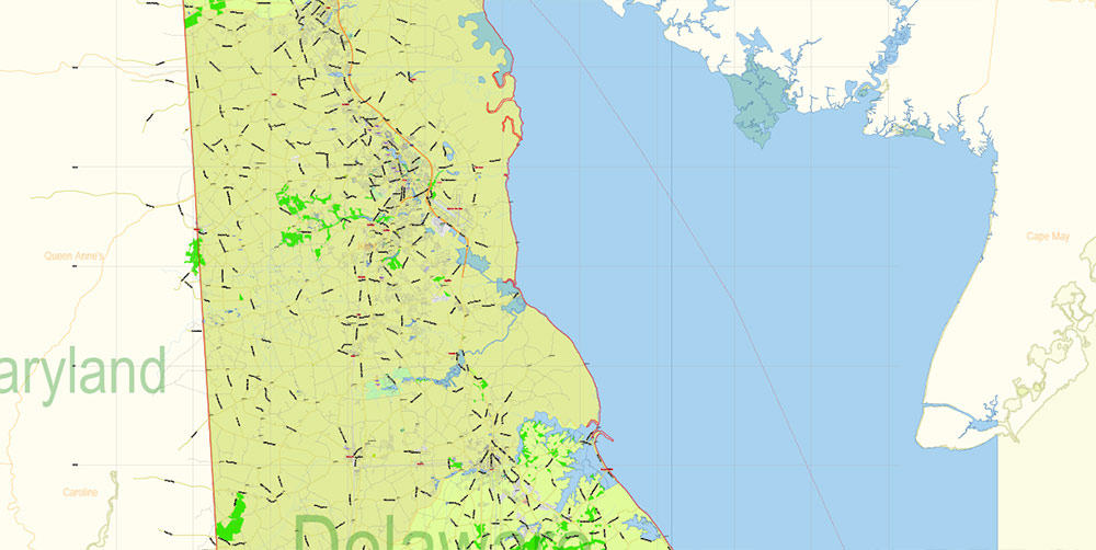 Delaware State US Map Vector Extended Exact detailed Road Admin Map editable Adobe Illustrator in layers