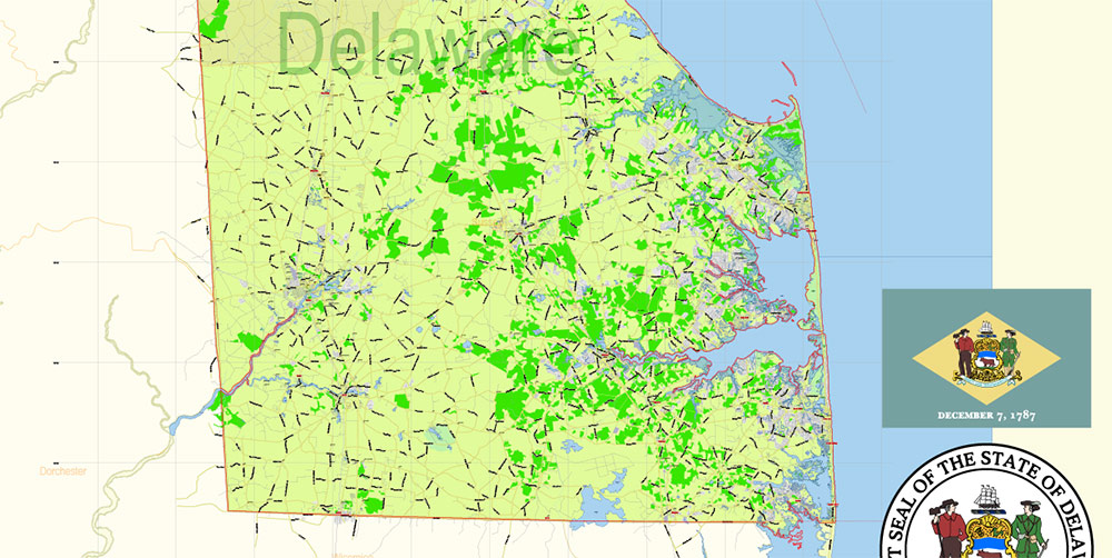 Delaware State US Map Vector Extended Exact detailed Road Admin Map editable Adobe Illustrator in layers