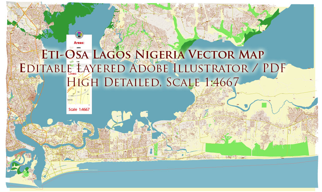 Eti Osa Lagos Nigeria Map Vector Exact City Plan High Detailed Street Map editable Adobe Illustrator in layers