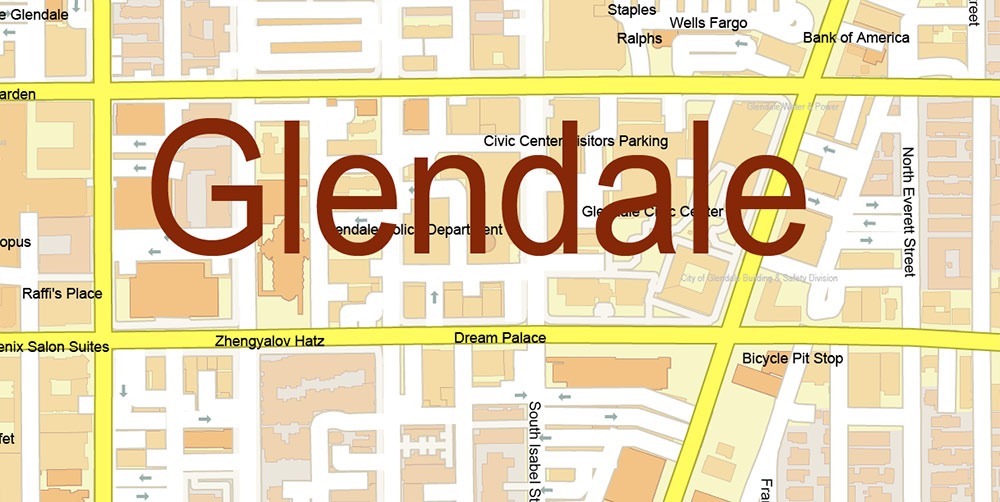 Glendale cropped California US Map Vector High Detailed Street Map editable layered Adobe Illustrator + PDF + DWG