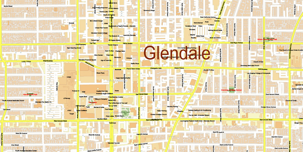 Glendale cropped California US Map Vector High Detailed Street Map editable layered Adobe Illustrator + PDF + DWG