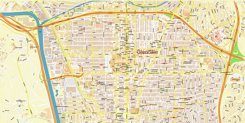 Glendale cropped California US Map Vector High Detailed Street Map editable layered Adobe Illustrator + PDF + DWG