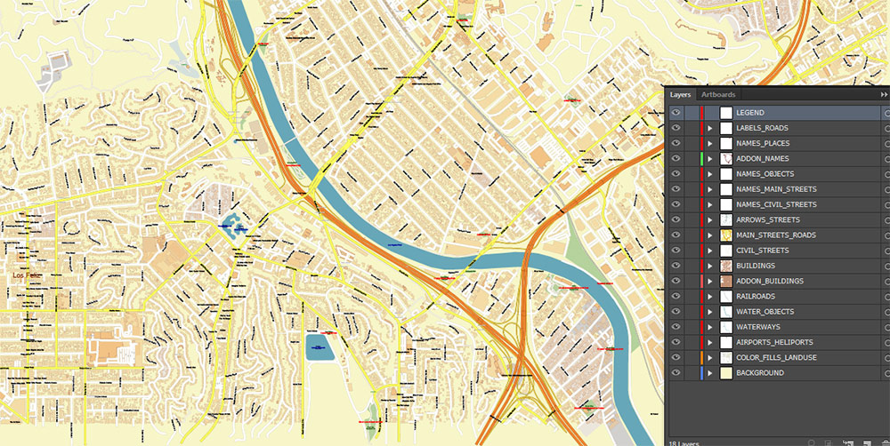 Glendale cropped California US Map Vector High Detailed Street Map editable layered Adobe Illustrator + PDF + DWG