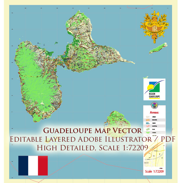 Guadeloupe France Vector Map high detailed road map editable Layered Adobe Illustrator