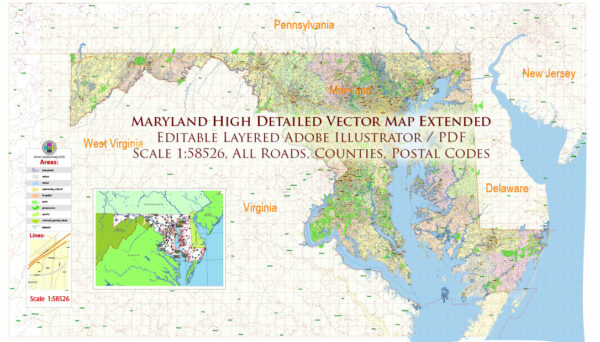 Maryland State US Map Vector Extended Exact High Detailed Street Road Map + Counties + Zipcodes editable Adobe Illustrator in layers