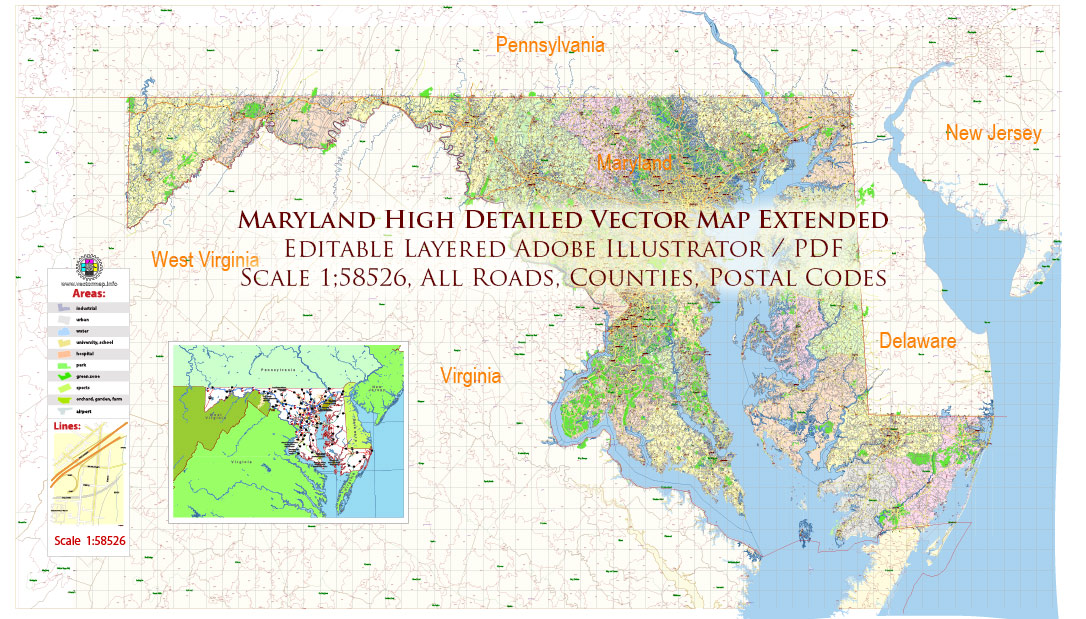 Maryland State US Map Vector Extended Exact High Detailed Street Road Map + Counties + Zipcodes editable Adobe Illustrator in layers