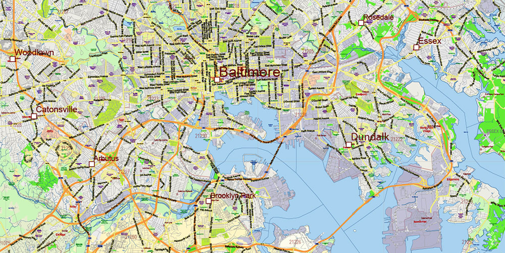 Maryland State US Map Vector Extended Exact High Detailed Street Road Map + Counties + Zipcodes editable Adobe Illustrator in layers