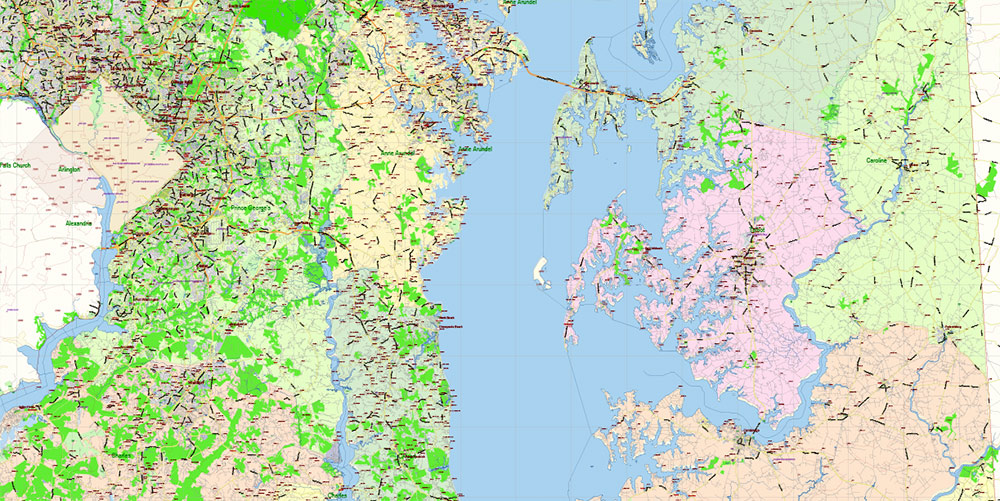 Maryland State US Map Vector Extended Exact High Detailed Street Road Map + Counties + Zipcodes editable Adobe Illustrator in layers
